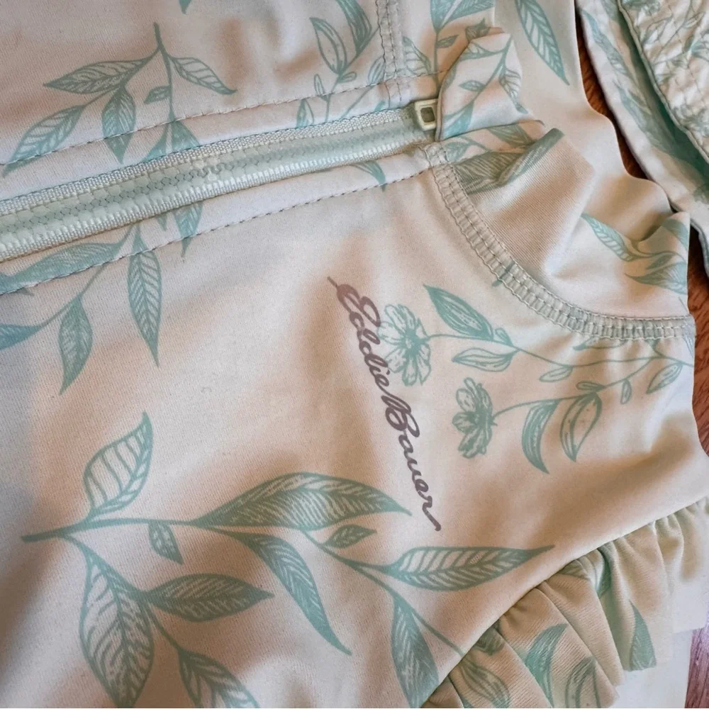 Eddie Bauer Mint Green Leaf Print Girls Rash Guard w/ bucket hat sz 24 months